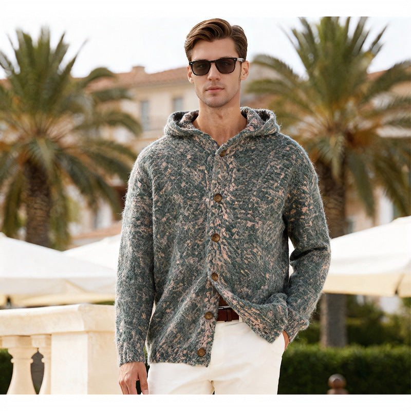 Damen Flauschige Kapuzen-Strickjacke mit Knopfleiste und melierter Bouclé-Optik Chichicherry