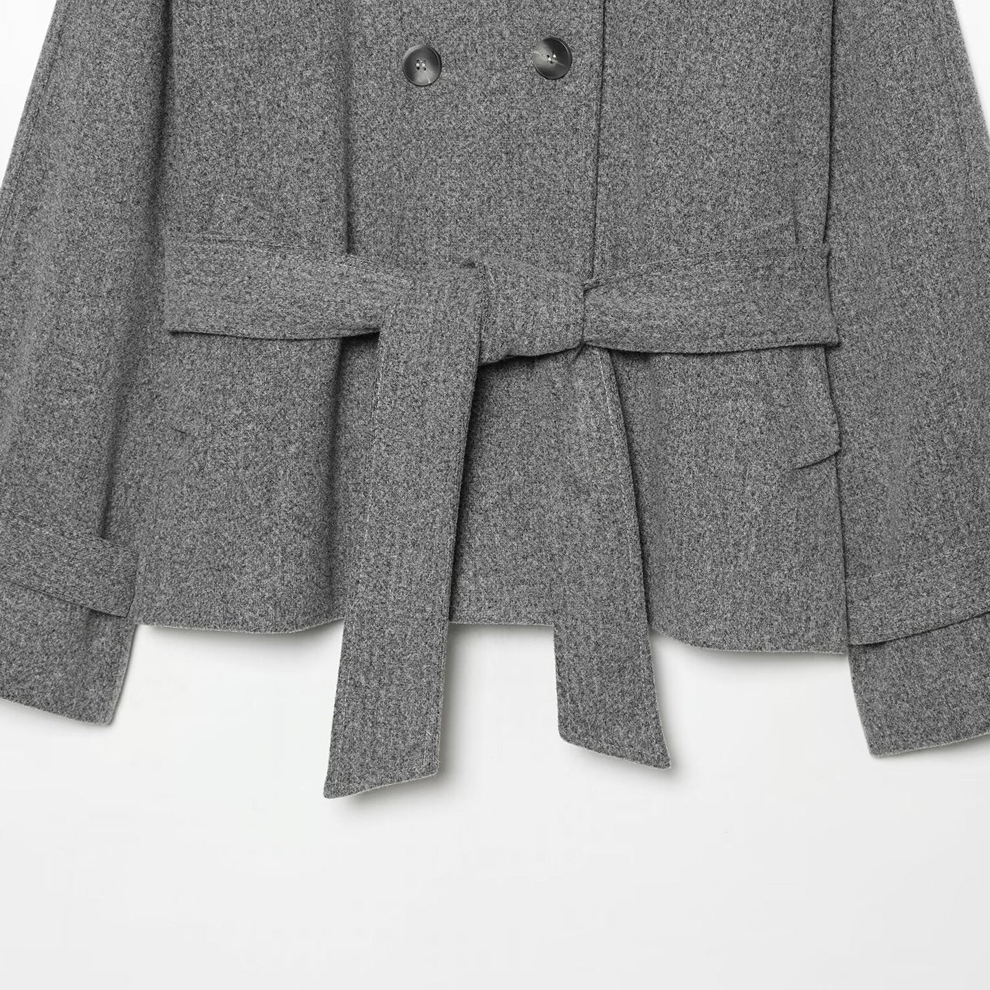 Women's cape transitional jacket in a short cut with a high collar, double button placket, and waist tie belt Chichicherry