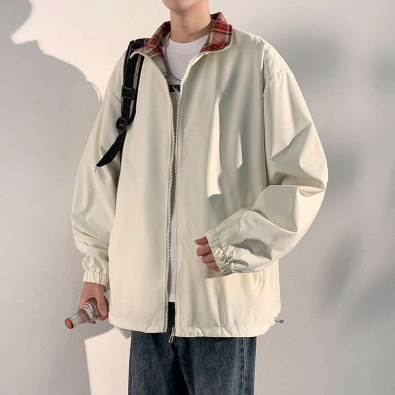 Men's Oversize Utility Transition Jacket with Zipper and Contrasting Checkered Inner Collar Chichicherry