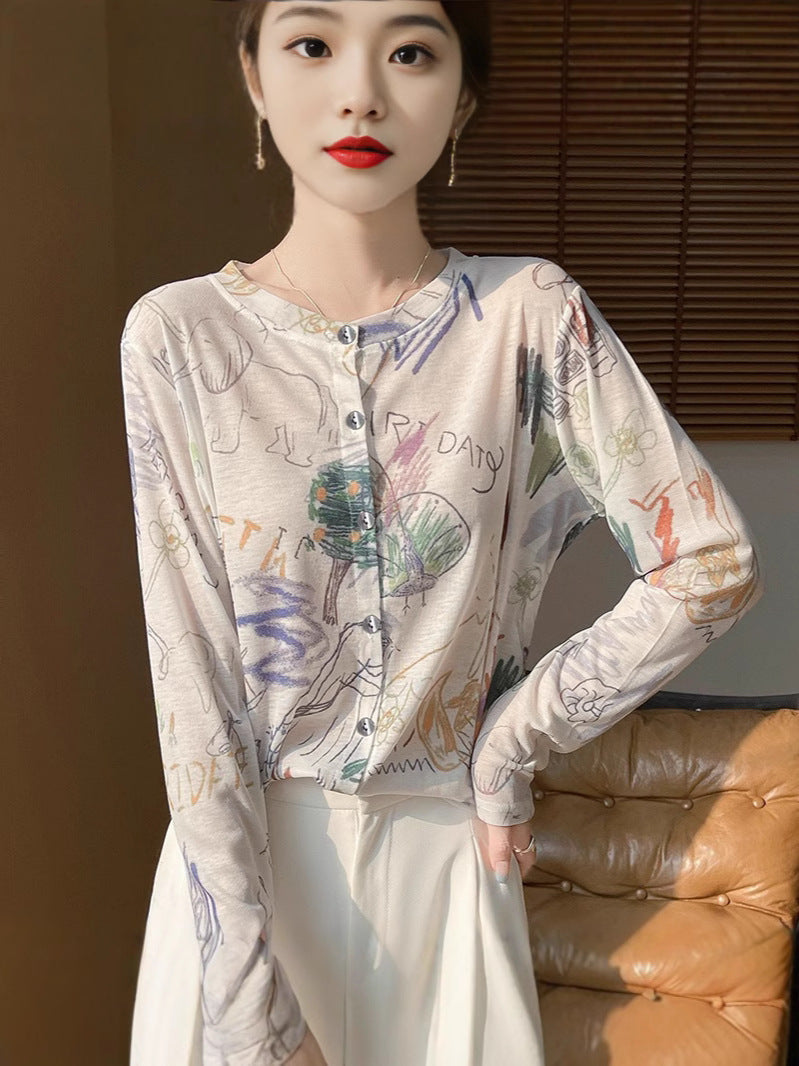 Women's Lightweight Watercolor Print Fine Knit Cardigan with Round Neckline and Button Placket Chichicherry