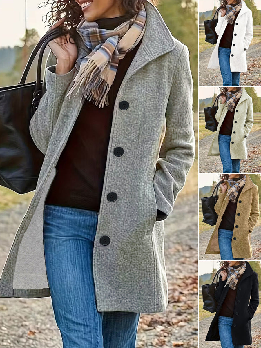 Women's Cozy Teddy Coat in Midi Length with Large Rever Collar and Side Pockets