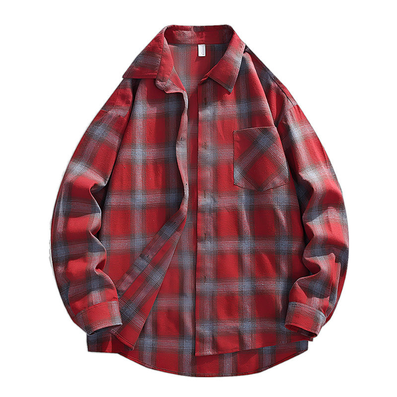 Men's Oversized Checked Flannel Shirt Jacket with Breast Pocket & Rounded Hem Chichicherry