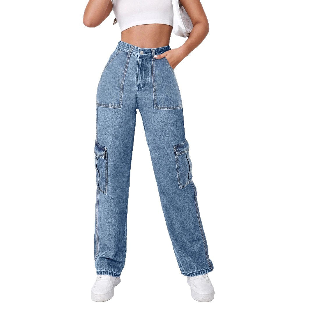 Women High-Waisted Cargo Wide Jeans with Patch Pockets and Elastic Hem Chichicherry