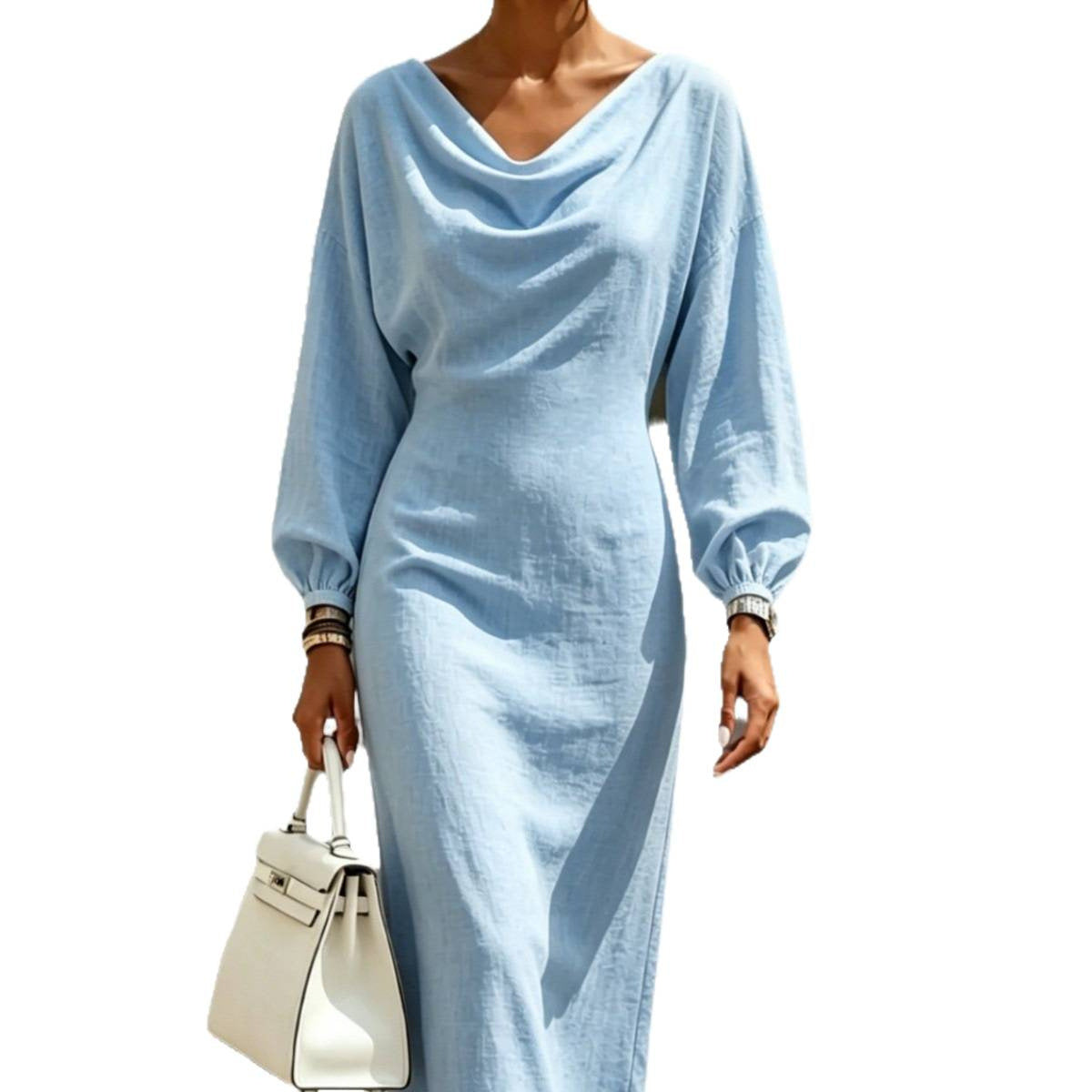 Women's Elegant Midi Dress with Draped Neckline, Tailored Silhouette, and Balloon Sleeves Chichicherry