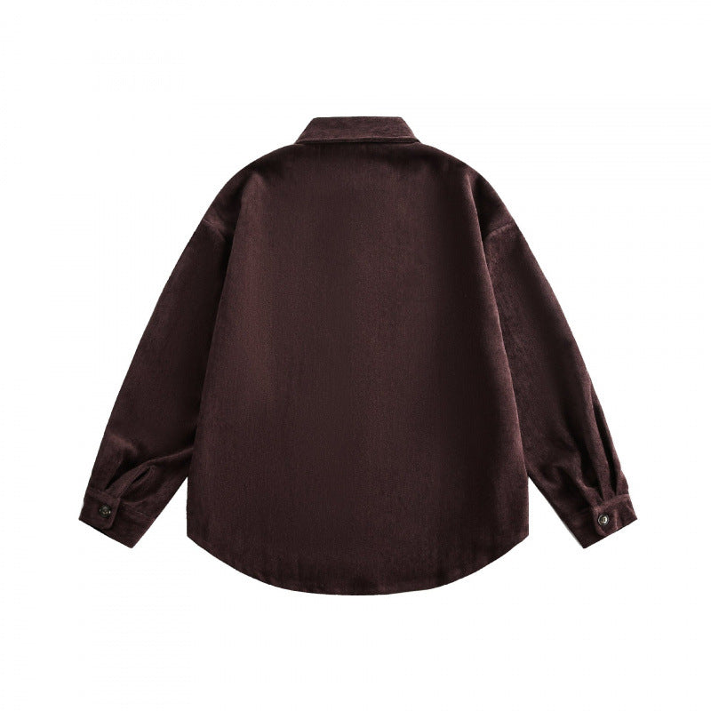 Unisex Oversized Velvet Shirt Jacket with Chest Pocket and Continuous Button Placket Chichicherry