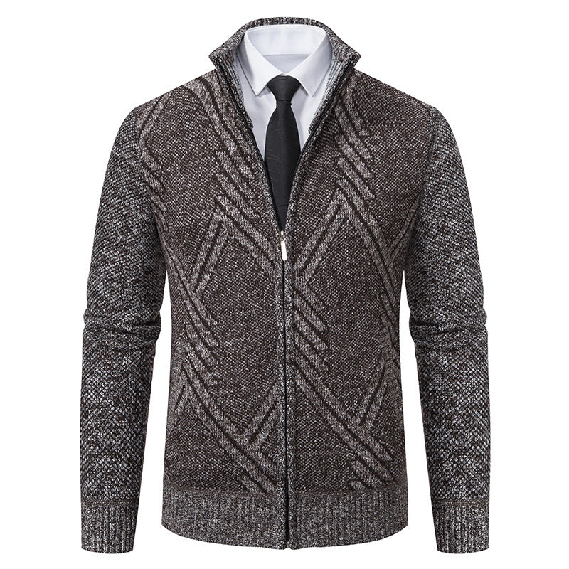 Men's knit zip cardigan with stand-up collar and textured jacquard pattern Chichicherry