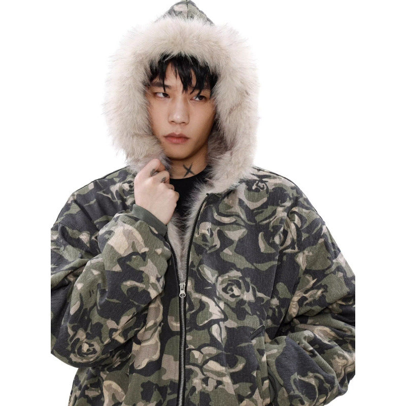 Herren Warmer gefütterter Camouflage-Bomber mit Kapuze und Kunstfellbesatz Chichicherry