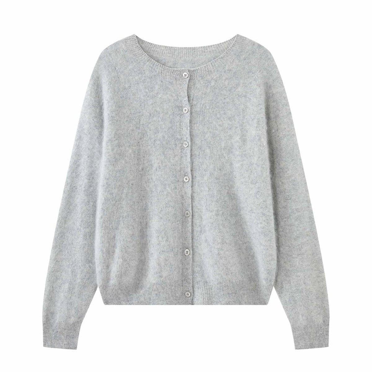 Women's short cardigan made of fluffy mohair mix with button placket and round neck