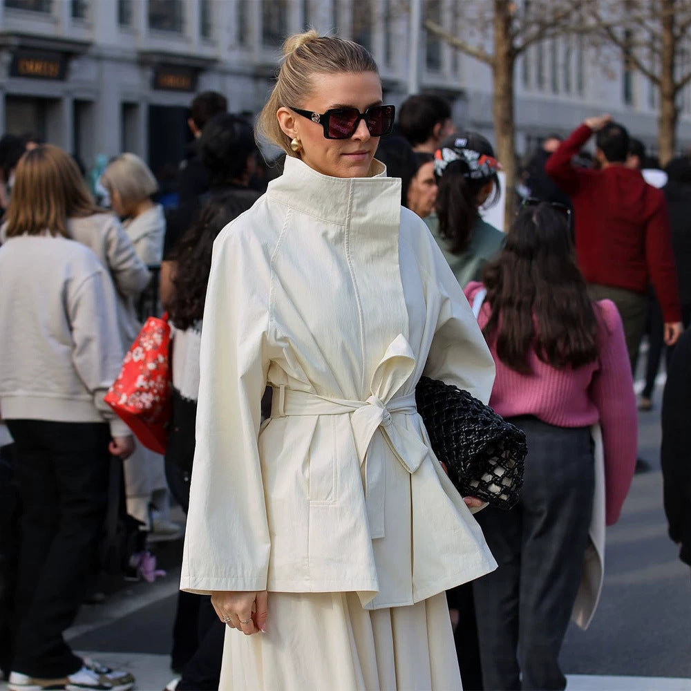 Women's Boxy Short Coat with High Stand Collar and Tied Belt Chichicherry