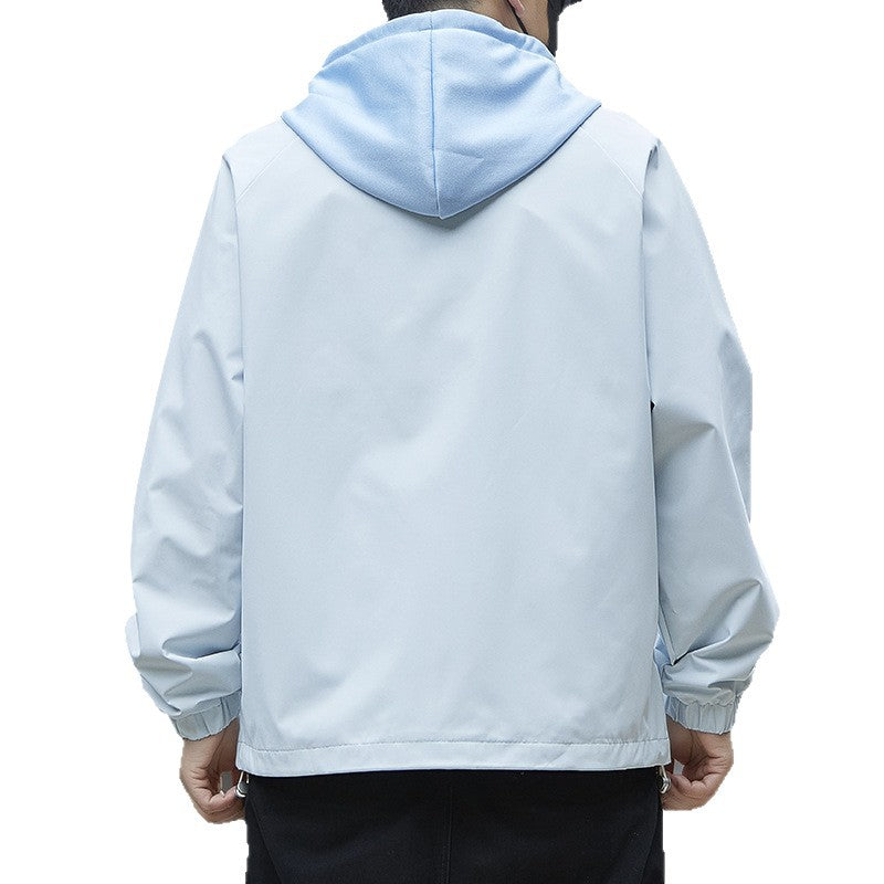 Men's Lightweight Hooded Rain Jacket in Bomber Style with Concealed Zipper and Elastic Cuffs Chichicherry