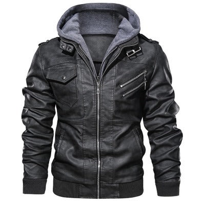 Men's vintage-inspired faux leather bomber with detachable hood trim and diagonal zipper detail Chichicherry