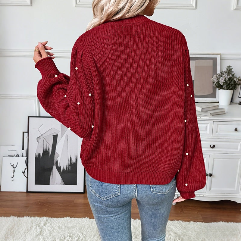 Women Pearl-Embellished Chunky Knit Cardigan with V-Neck Chichicherry