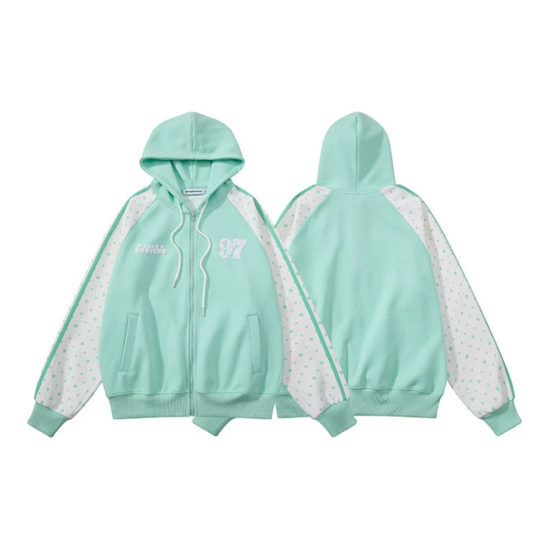 Women's hooded sweatshirt jacket with full zipper, raglan sleeves, and polka dot inserts Chichicherry