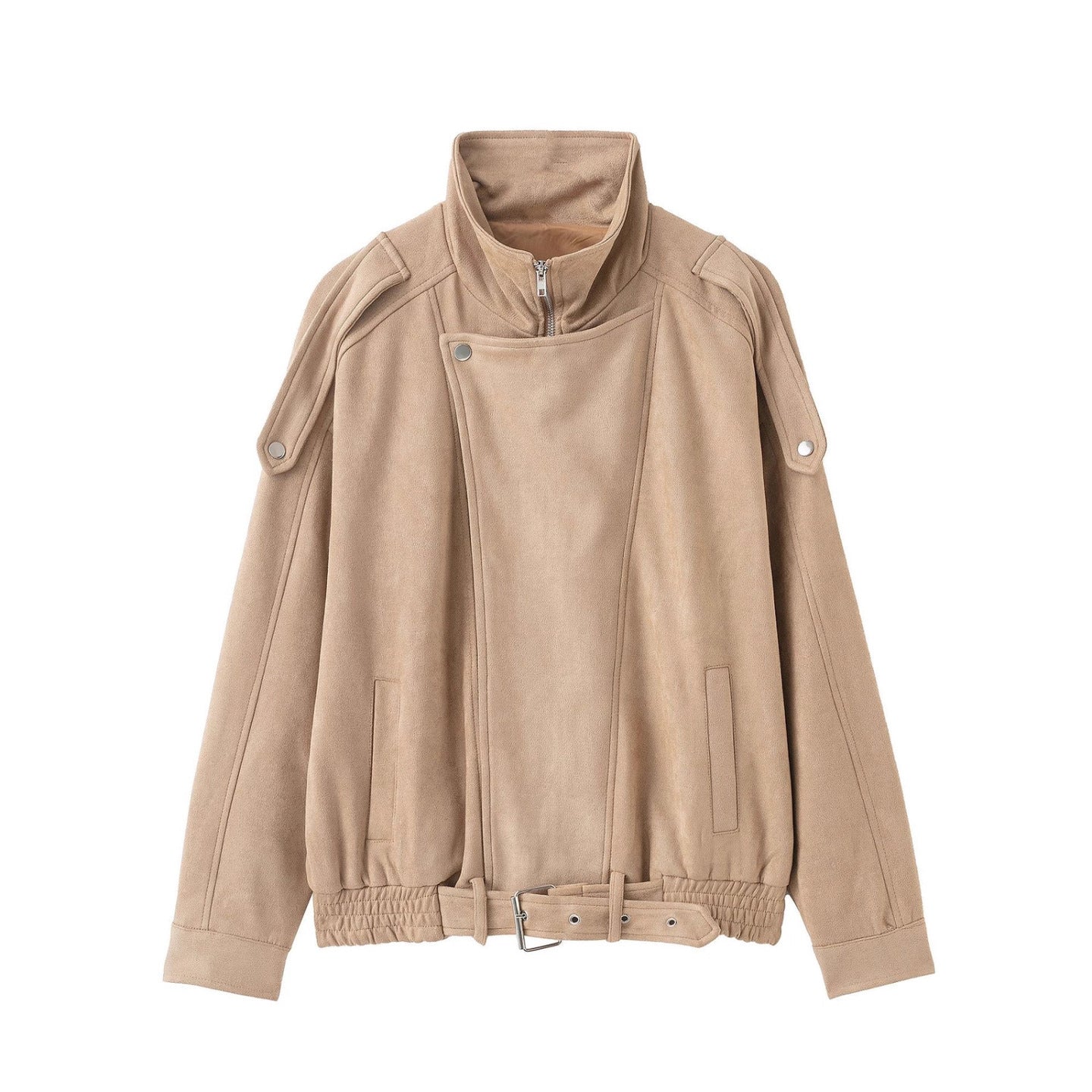 Women's short jacket in suede look with high stand-up collar, shoulder flaps and waist belt Chichicherry