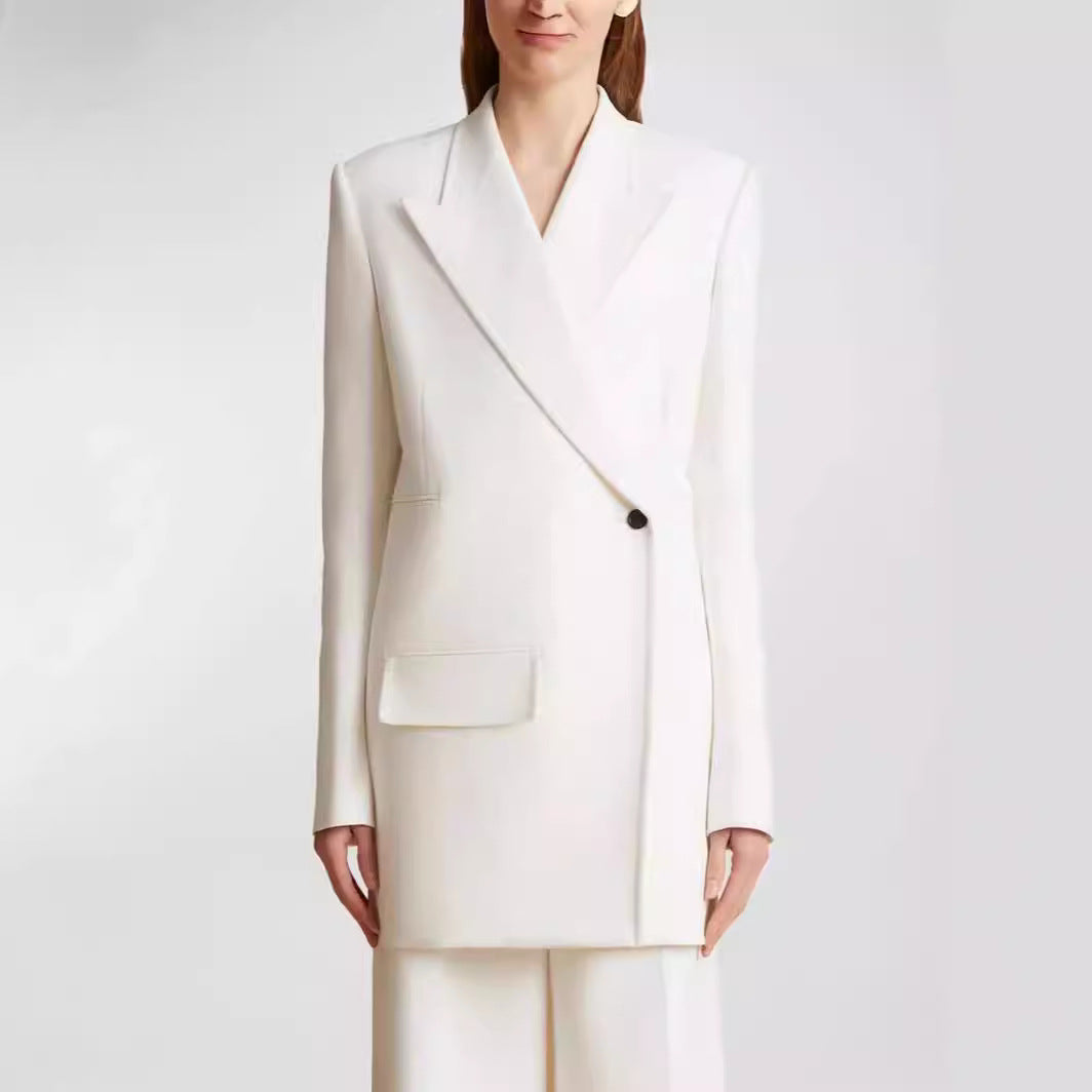 Women Minimalist Long Blazer with Asymmetric Single-Button Front and Clean Longline Cut Chichicherry