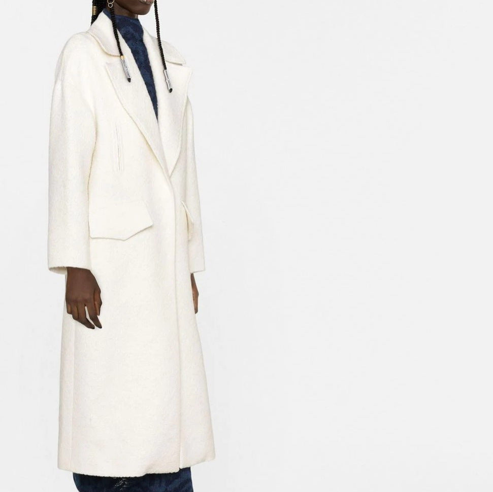 Women's Long Boucle Coat with Boxy Silhouette and Flap Pockets Chichicherry