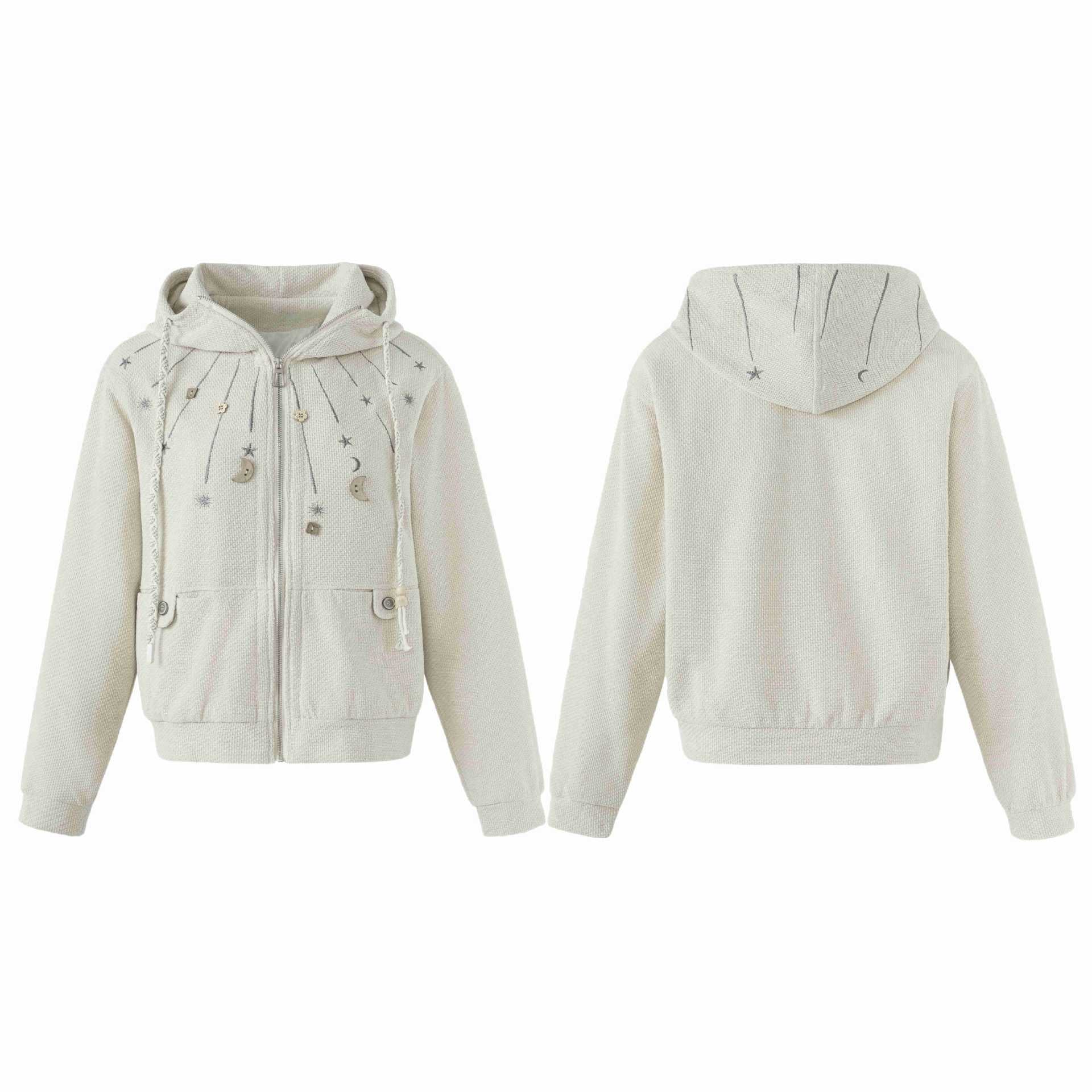 Women's short-cut hooded jacket made of textured knit with star and moon appliqué Chichicherry