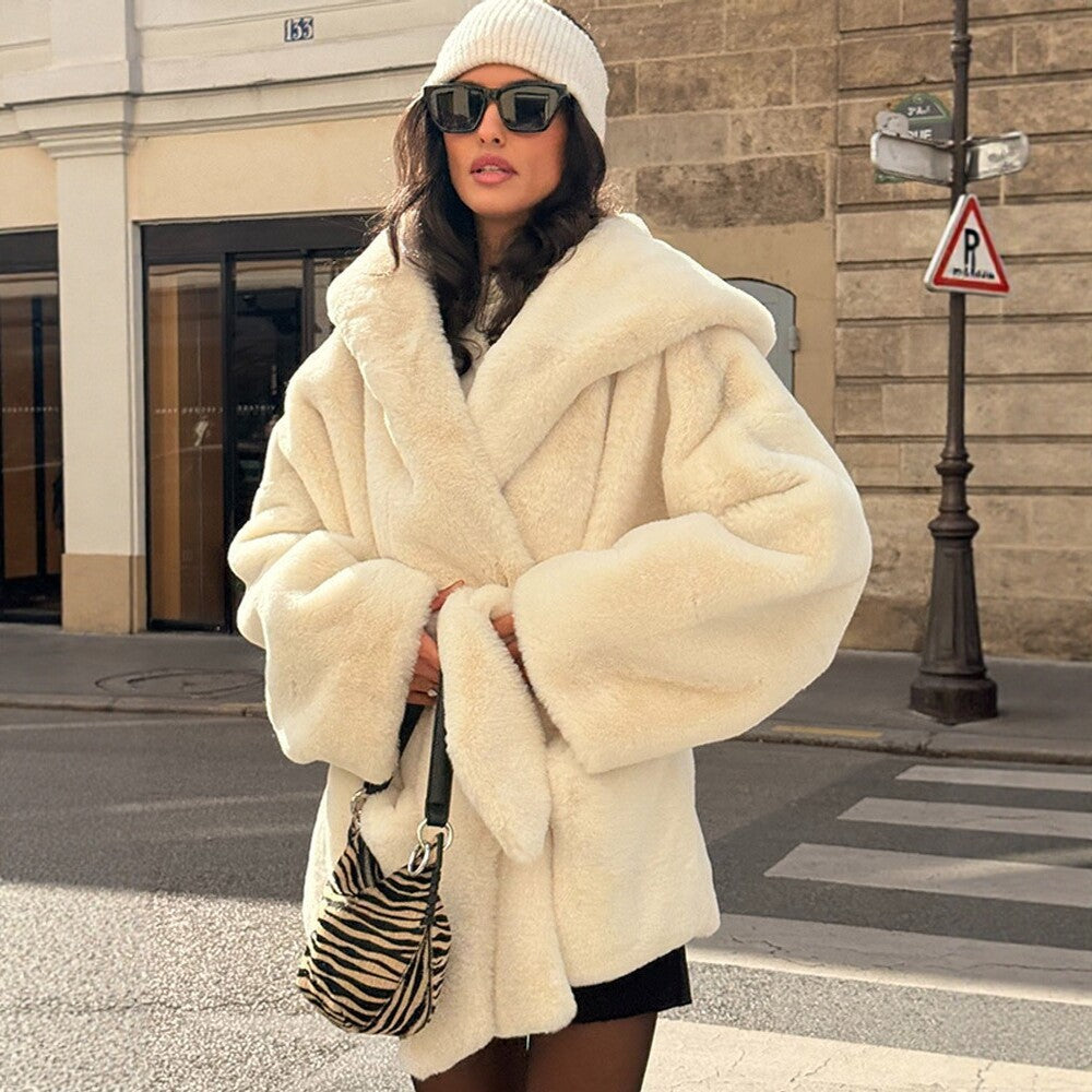 Women's Boxy Teddy Jacket with Wrap Belt and Oversized Shawl Collar Chichicherry