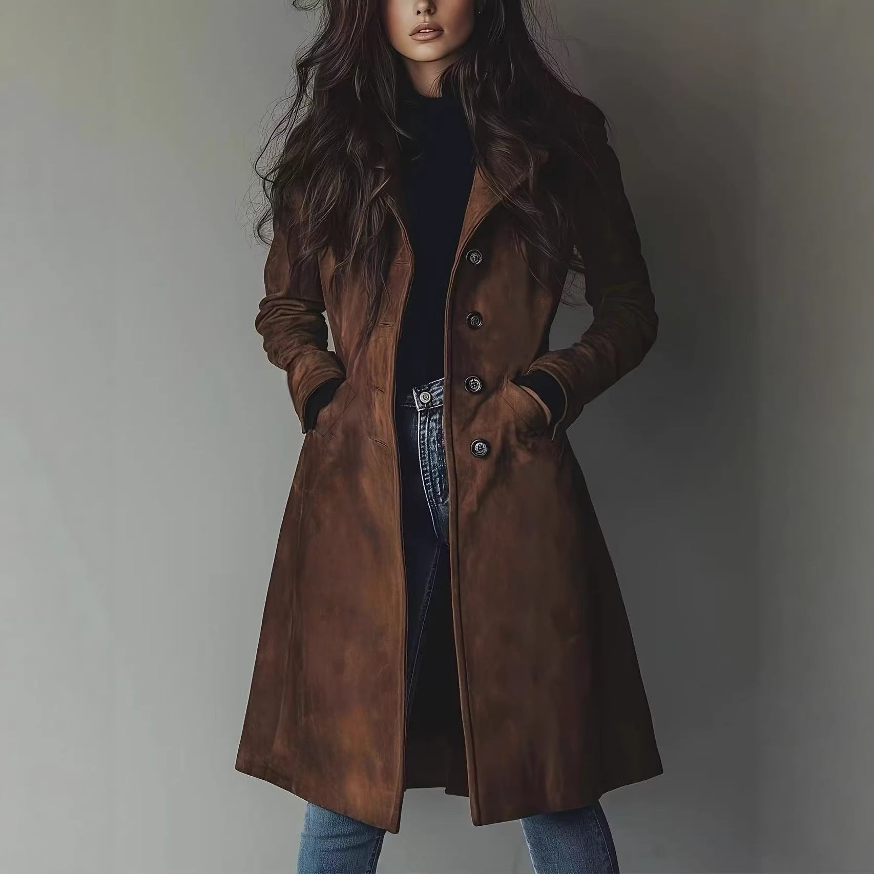 Women's Elegant Long Coat in A-Line Cut with Single-Breasted Button Placket Chichicherry
