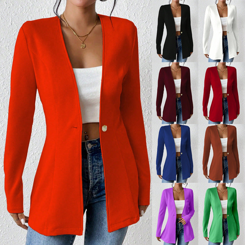 Ladies Tailored Long Blazer with V-Neck and One-Button Closure Chichicherry