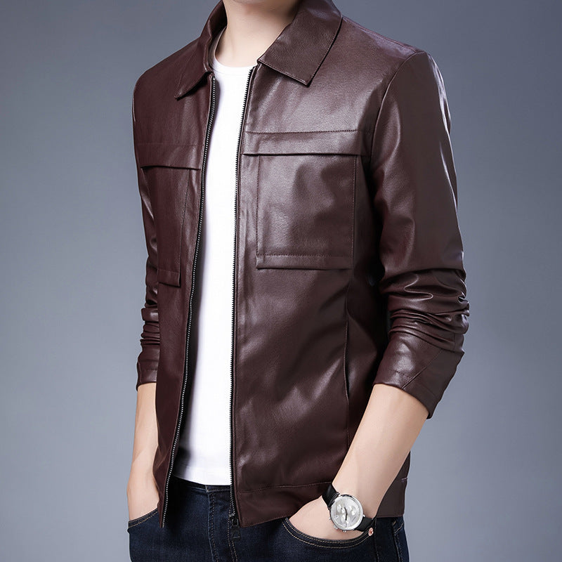 Men's minimalist artificial leather zip jacket with shirt collar and flap pockets Chichicherry