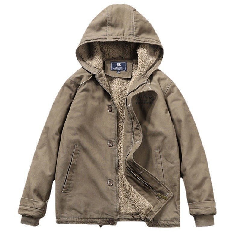 Men's Canvas Hoodie Parka with Continuous Teddy Fleece Lining and Drawstring Chichicherry