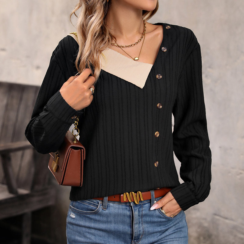 Women's ribbed top with asymmetrical button placket and contrasting V-insert Chichicherry