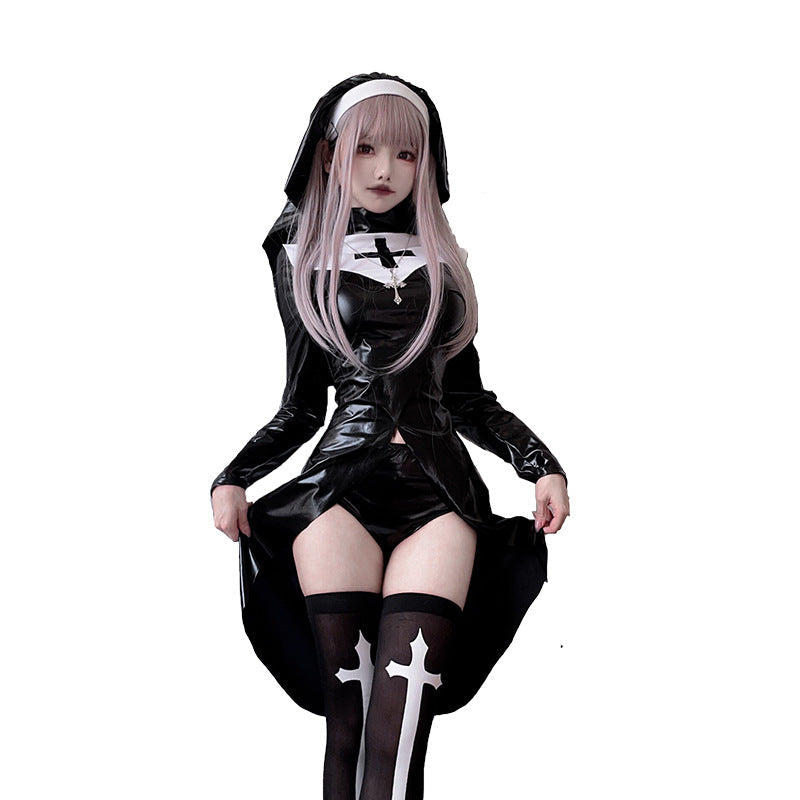 Women Gothic Nun Costume with expressive design and transparent overlay skirt Chichicherry