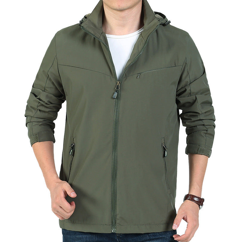 Men's lightweight functional hooded blouse with windproof shell, concealed zipper, and multi-pocket design.