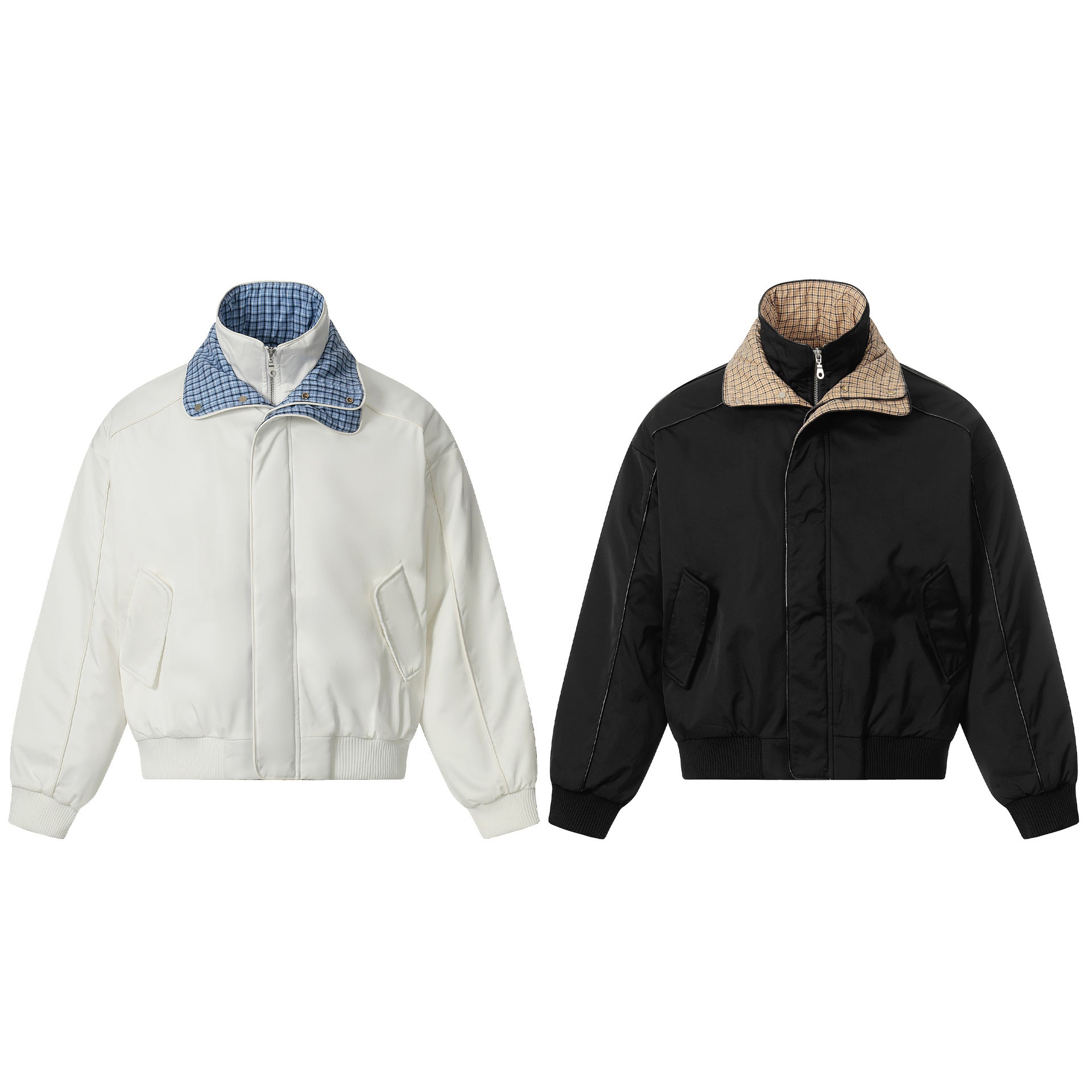 Unisex short jacket with high double collar and checked inner lining Chichicherry