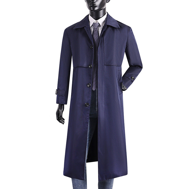 Men's long trench coat with concealed button placket and water-repellent features Chichicherry