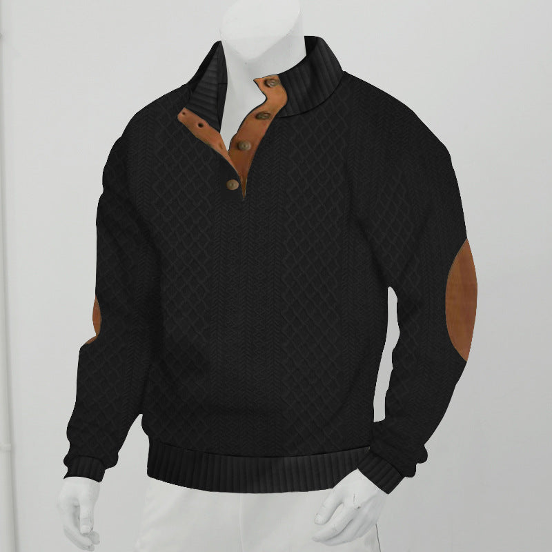 Men's Structured Aran Knit Sweater with Half Button Placket Collar and Leather Elbow Patches Chichicherry