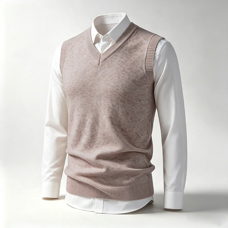 Men's Sleeveless Fine Knit V-Neck Vest with Ribbed Hem Chichicherry