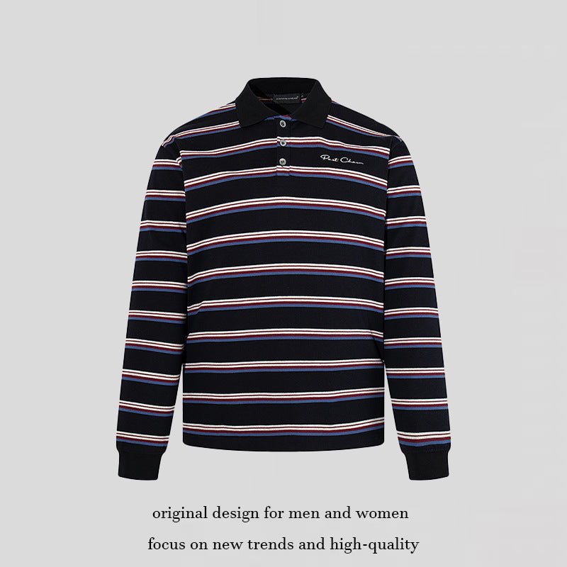Men's Long Sleeve Polo Shirt with Retro Stripes, Ribbed Cuffs and Button Placket Chichicherry
