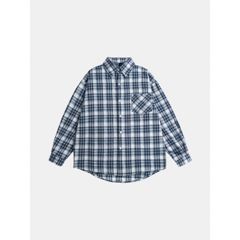Unisex Oversize-checkered Flannel shirt with rounded hem and diagonal chest pocket Chichicherry