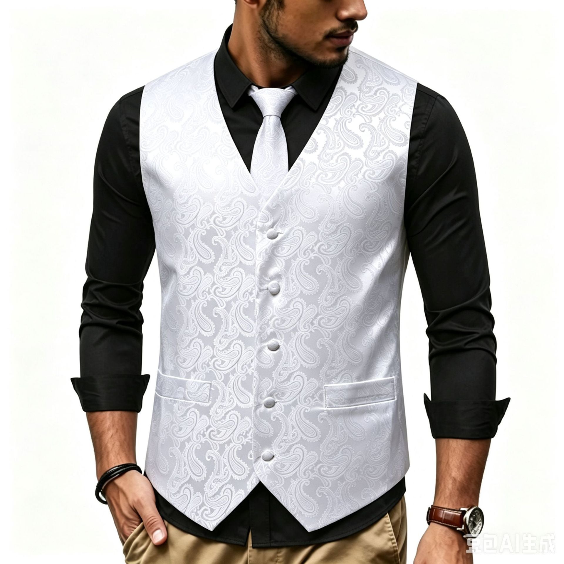 Men's Satin Jacquard Vest with Paisley Pattern and Matching Tie Chichicherry