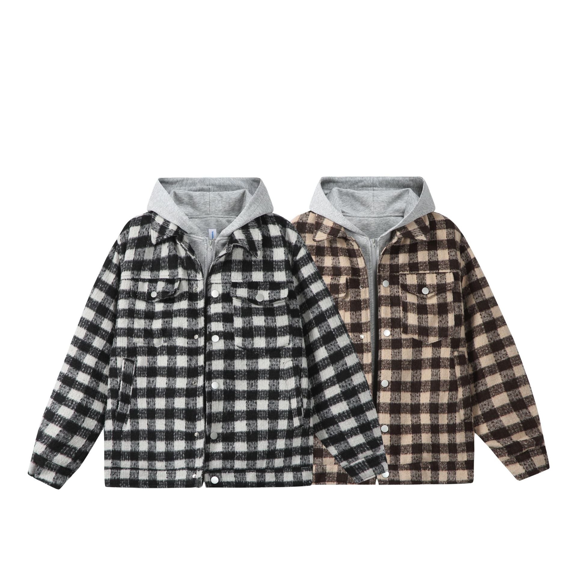 Women's short jacket in shacket style with checked wool look and integrated sweat hood Chichicherry