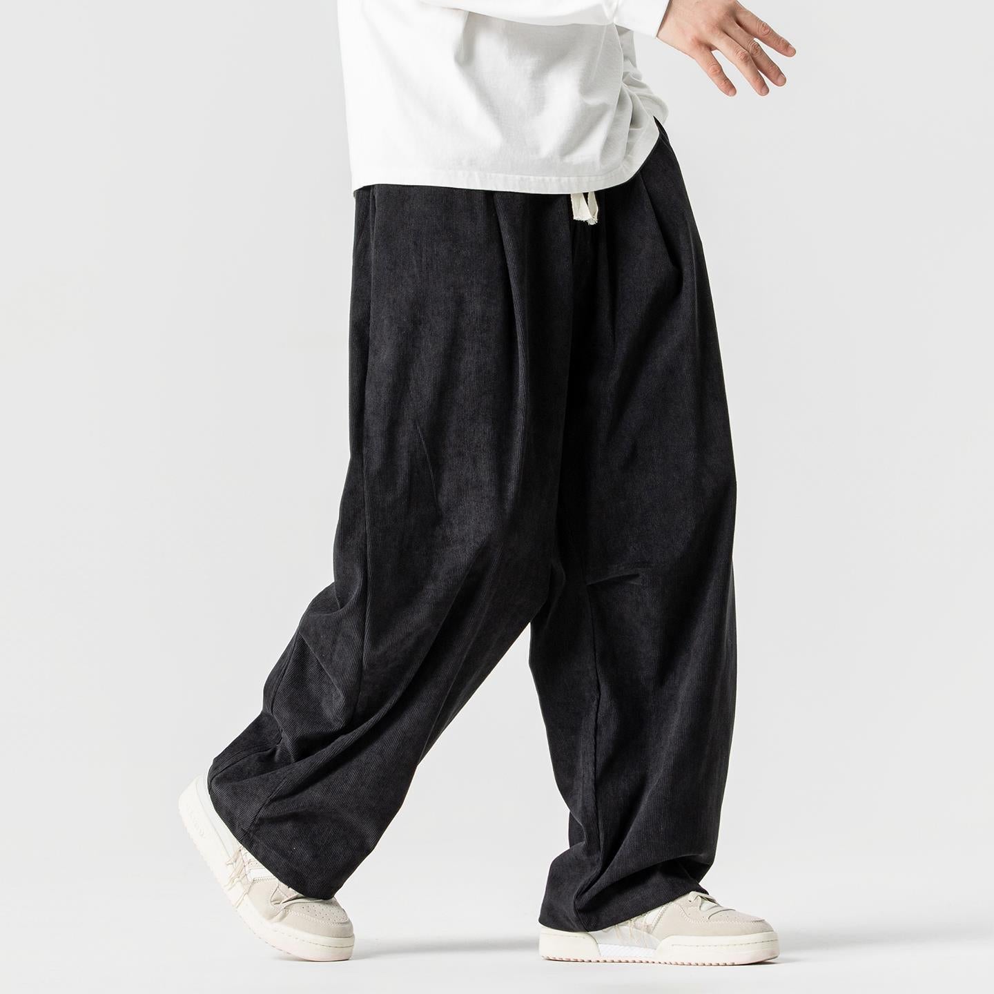 Men's wide-cut corduroy pants with pleats, drawstring, and casual baggy silhouette Chichicherry
