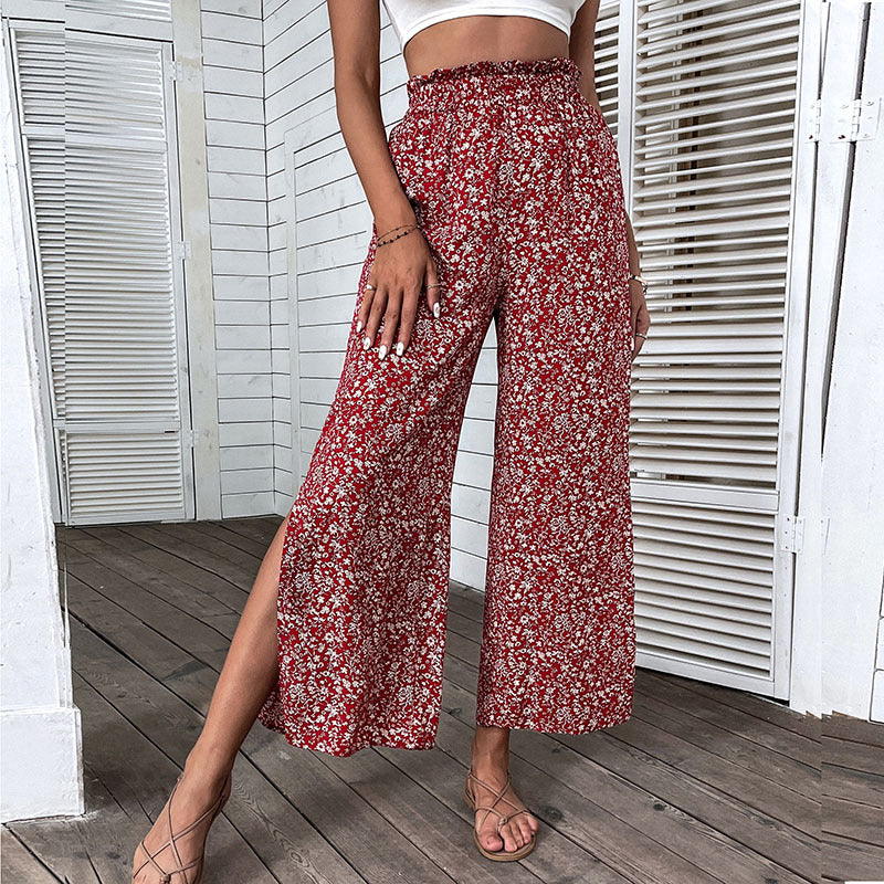 Women's wide high-cut palazzo pants with floral pattern and side leg slit Chichicherry