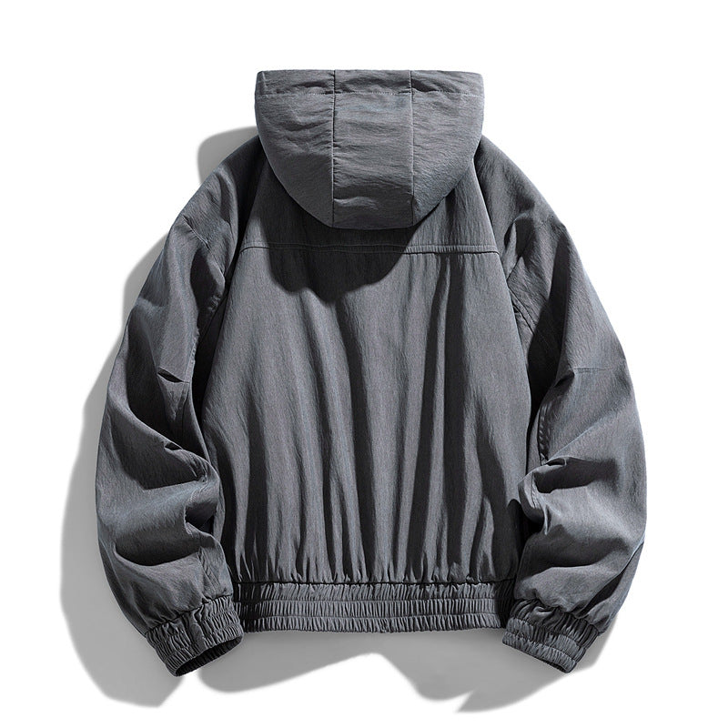 Men's Oversize Canvas Utility Hoodie Jacket with Hidden Snap Button Placket and Zipper Pockets Chichicherry