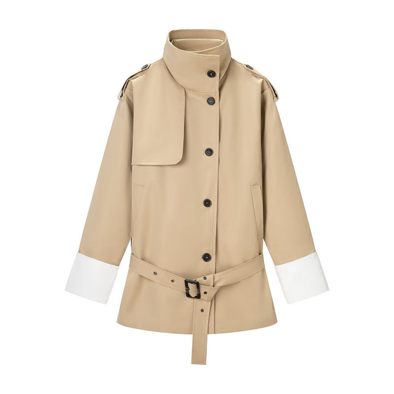 Women's Short Trench Coat with Stand Collar, Waist Belt and Contrast Cuffs Chichicherry