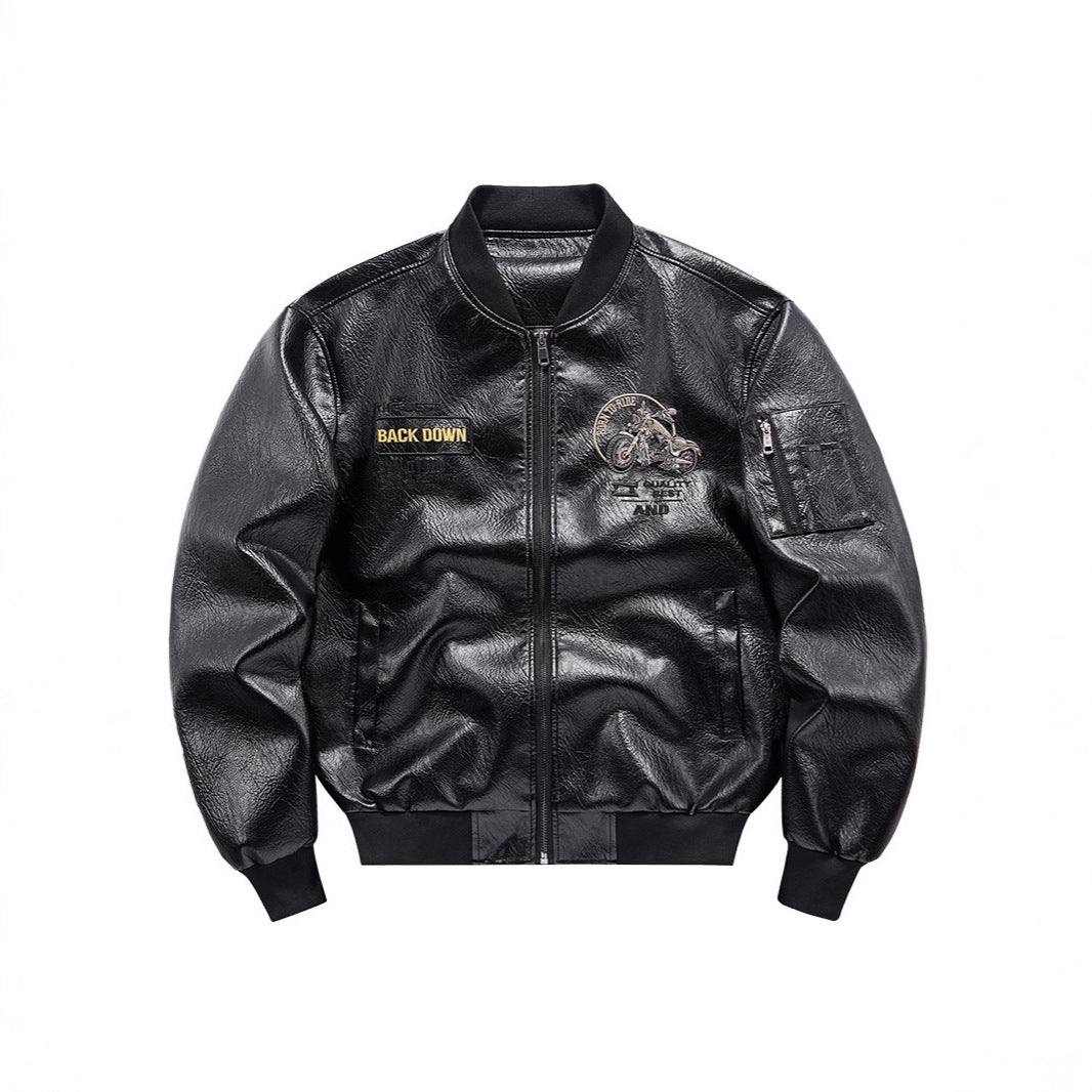 Men's faux leather bomber jacket with warming fleece lining, motorcycle embroidery and sleeve pocket Chichicherry