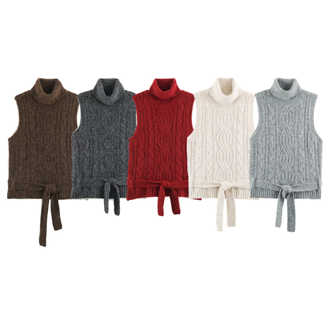 Women's Sleeveless Cable Knit Vest with Roll Neck and Ties Chichicherry