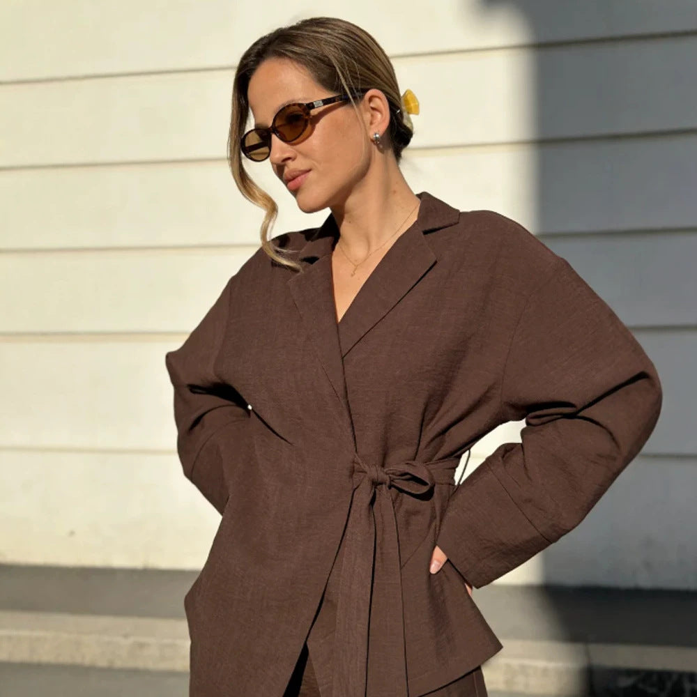 Women's Wrap Blazer with Tying Belt, Casual Oversized Cut and Lapel Collar Chichicherry
