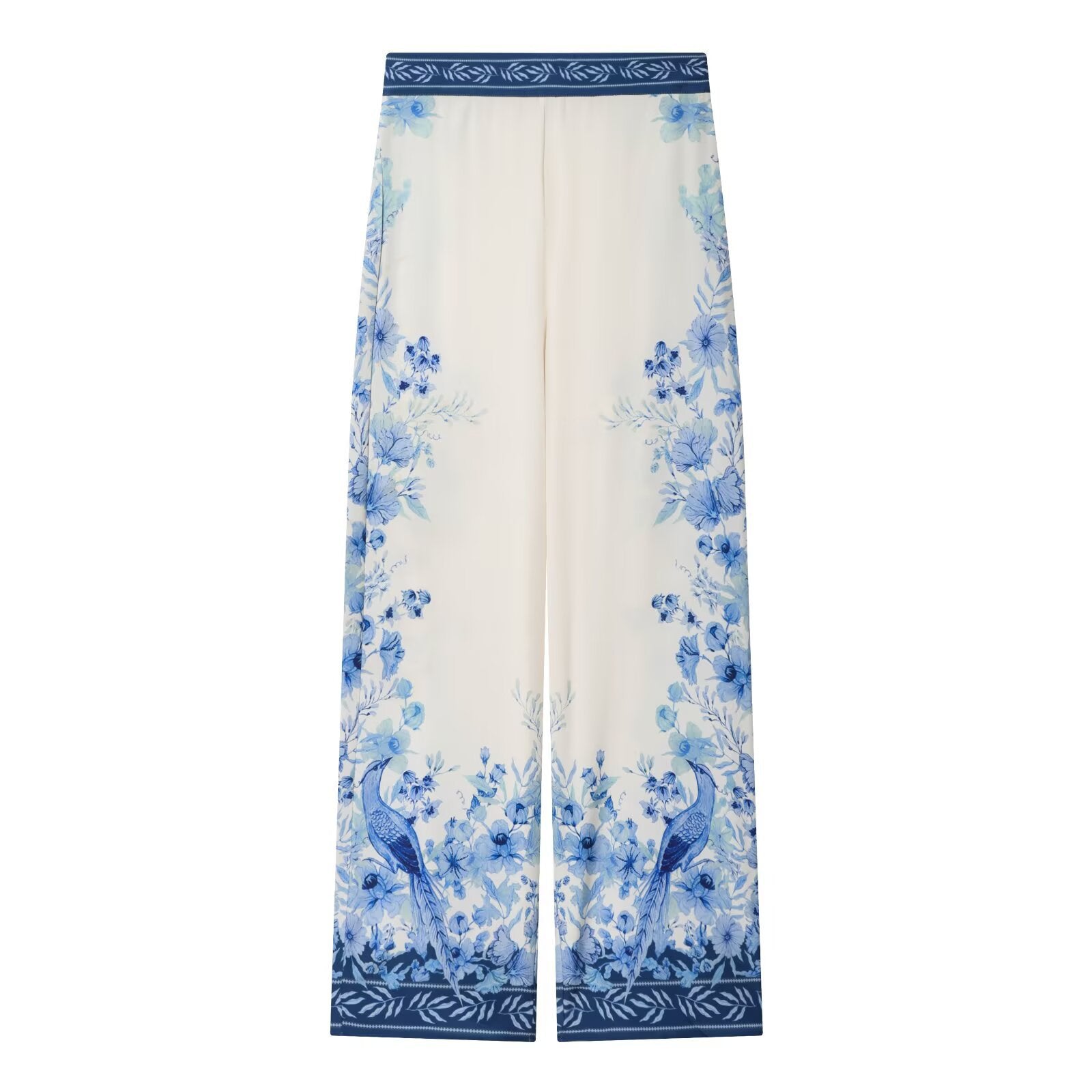 Women Wide Palazzo Pants with Elastic Waistband and Floral Trim Optics Chichicherry