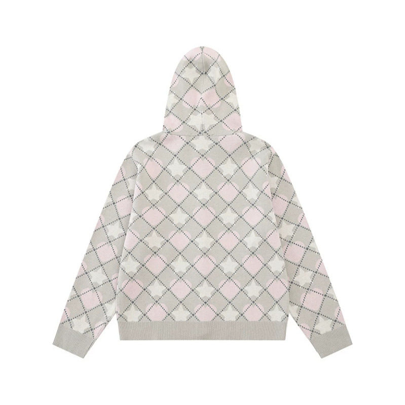 Ladies Knit Hooded Jacket with Diamond Jacquard and Button Placket Chichicherry