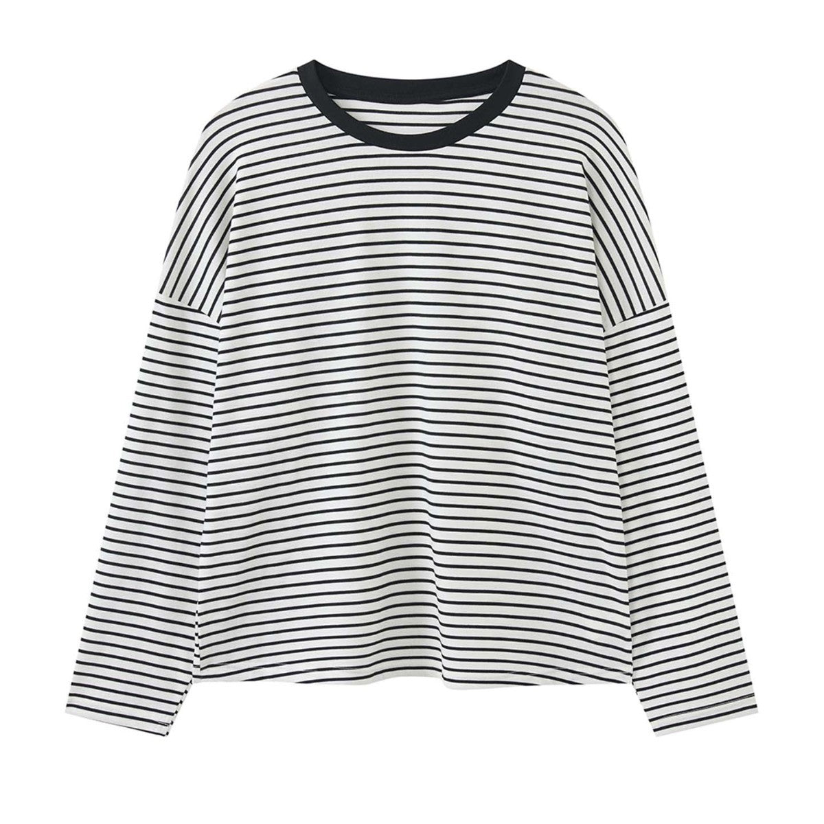 Women Oversized Stripe Long Sleeve Shirt with Contrasting Round Neckline Chichicherry