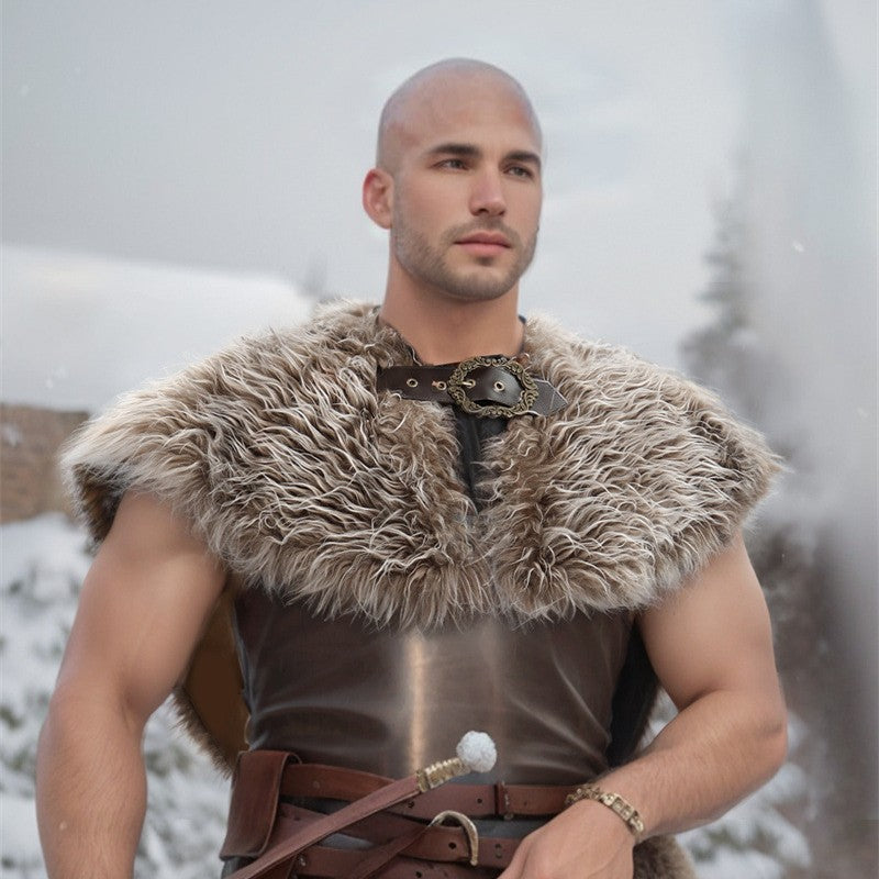 Men's Short Faux Fur Shoulder Cape in Medieval Style with Decorative Closure Chichicherry