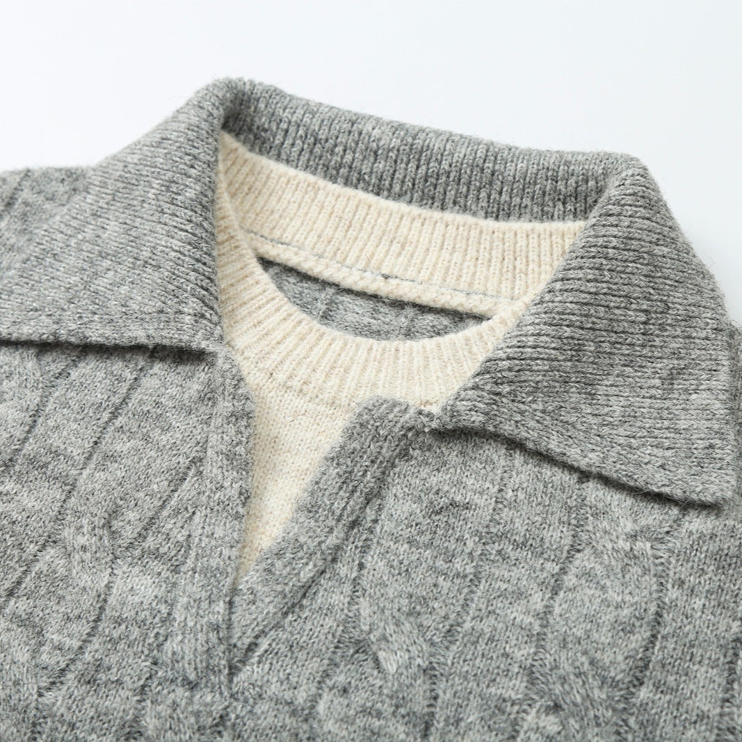 Women’s Coarse Knit Cable Pattern Sweater with Open Polo Collar and V-Neck Chichicherry