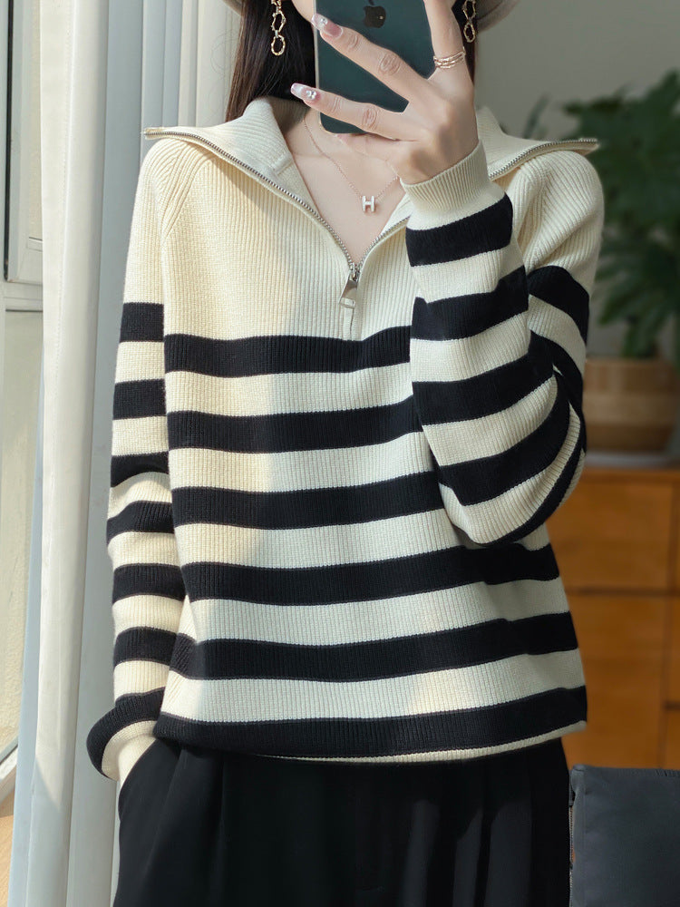 Women Maritime Troyer Pullover made of fine rib knit with wide horizontal stripes Chichicherry